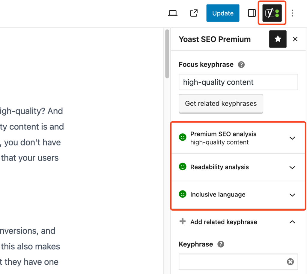 Yoast SEO Premium Analysis Interface