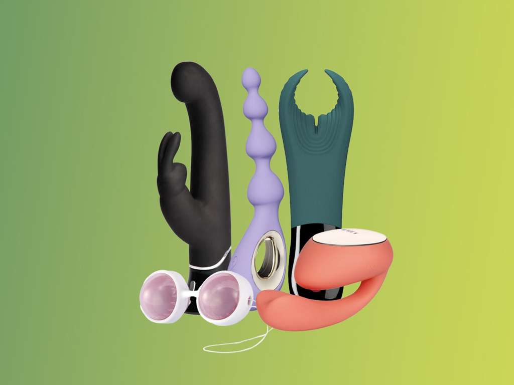 Collection of modern, sleek sex toys on gradient background