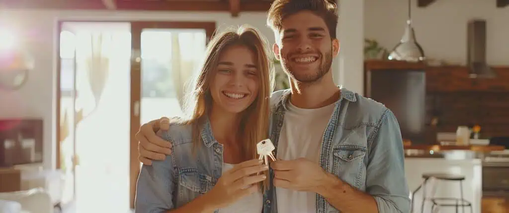 זוג צעיר מחזיק מפתחות לדירה החדשה