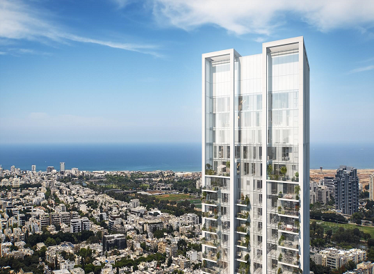 בניין מגורים מודרני עם מרפסות ירוקות