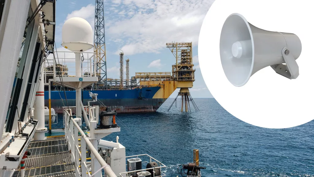 FPSO and offshore platform with a horn-shaped speaker inset